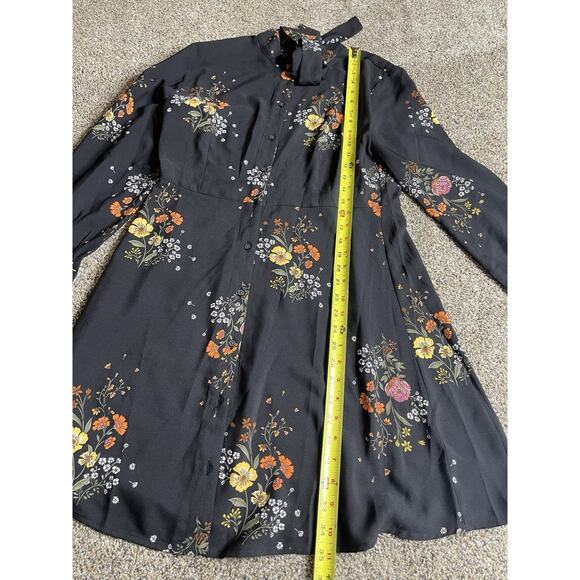 Loft Black Multicolored Floral Long Sleeve Bow Tie Neck Chiffon Dress Size 6 - Picture 6 of 8